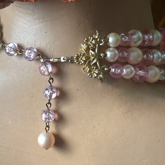 Vintage Coro Pink Necklace Multi Strand Collar MCM Crackle Glaze Signed - Picture 5 of 8